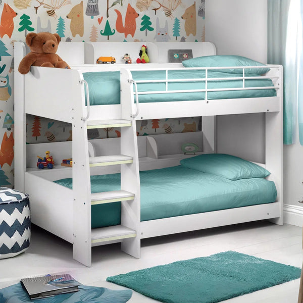 Julian Bowen Domino White Wooden Bunk Bed with Rear Shelving & Glow-in-the-Dark Ladder Steps