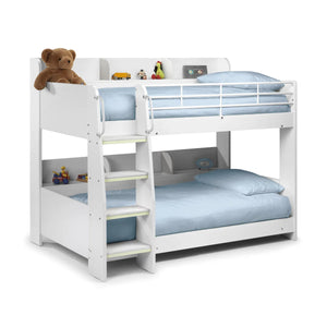 Julian Bowen Domino White Wooden Bunk Bed with Rear Shelving & Glow-in-the-Dark Ladder Steps