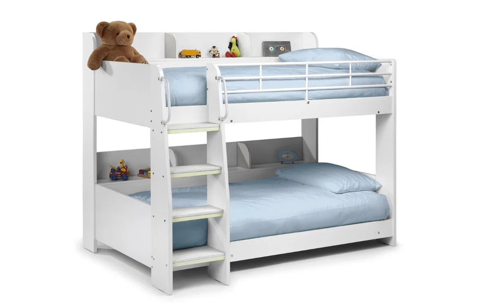 Julian Bowen Domino White Wooden Bunk Bed with Rear Shelving & Glow-in-the-Dark Ladder Steps