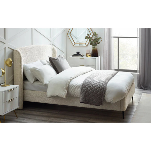 Eden Ivory Bouclé Upholstered Bed Frame with Curved Headboard & Black Legs