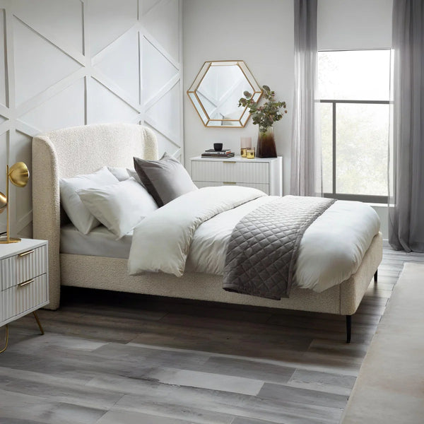 Eden Ivory Bouclé Upholstered Bed Frame with Curved Headboard & Black Legs