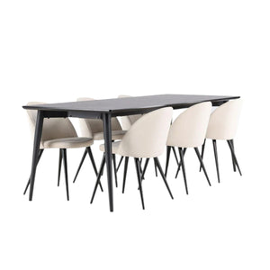 Ellis Dining Table with Velvet Dining Chairs | Modern Black Table & Beige Velvet Chairs, 6-Seater