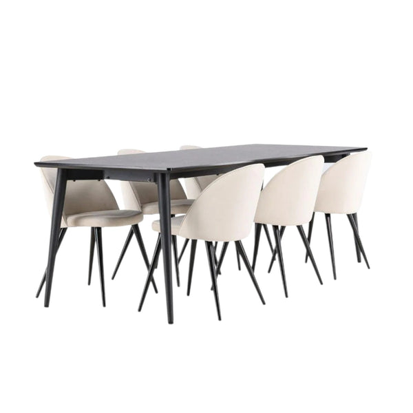 Ellis Dining Table with Velvet Dining Chairs | Modern Black Table & Beige Velvet Chairs, 6-Seater