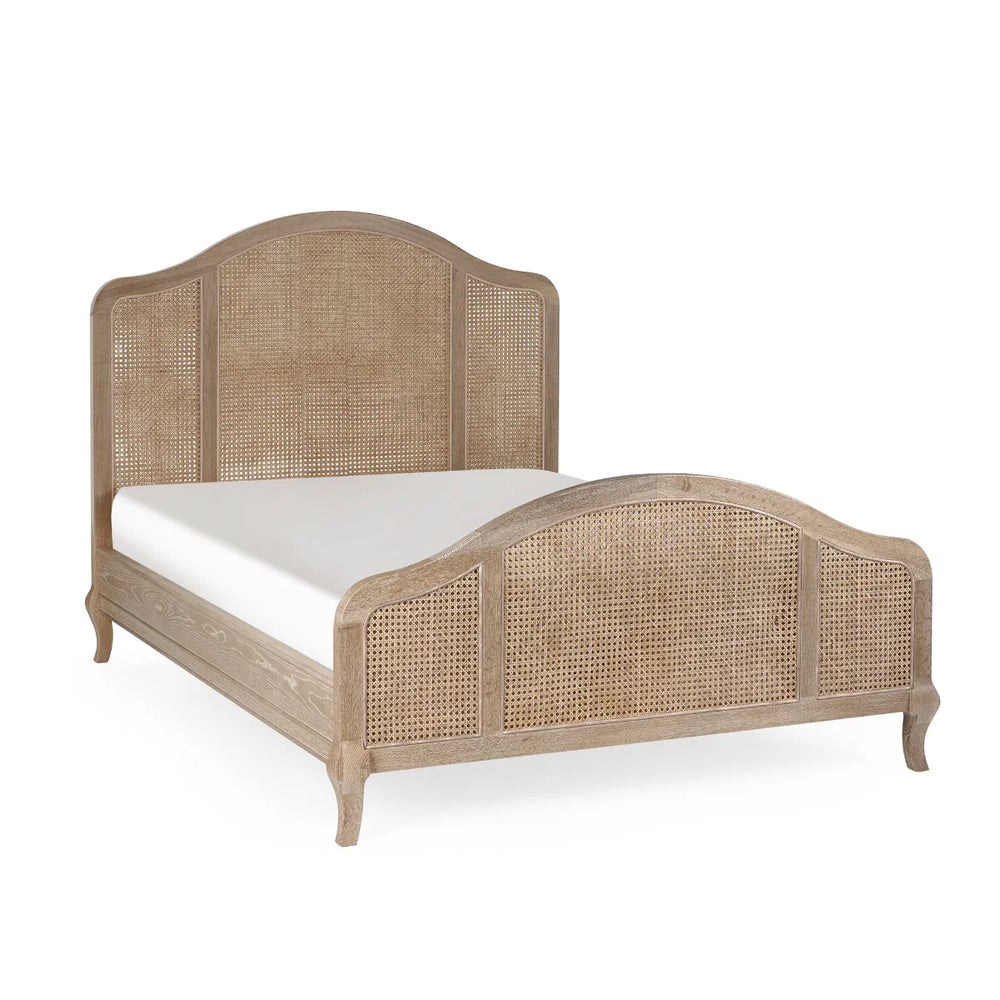 Fleur Light Oak Rattan Bed Frame with Arched Headboard & Footboard, Solid Wooden Frame, French-Inspired Design