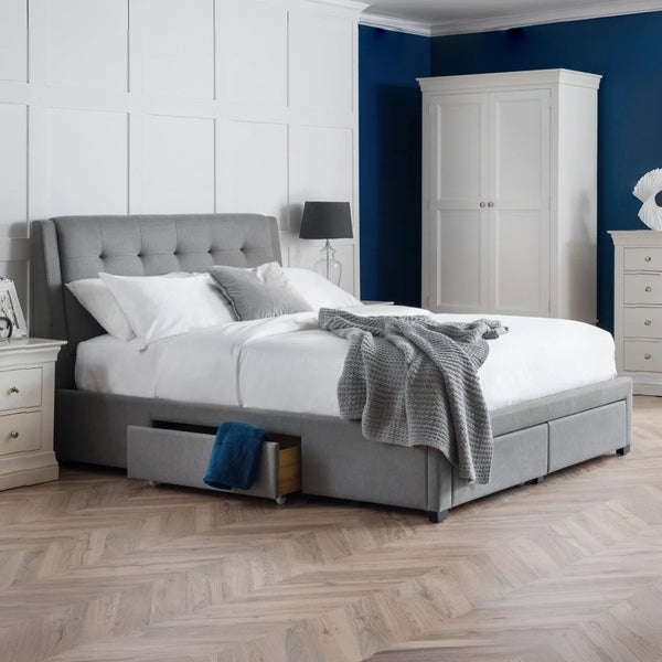 Julian Bowen Fullerton Grey Linen Upholstered Storage Bed with 4 Drawers & Deep Buttoned Headboard