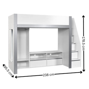 Julian Bowen Gaia High Sleeper Wooden Storage Bed with Wardrobe, Shelving & Storage Ladder – White & Silver, 90 x 190cm Single