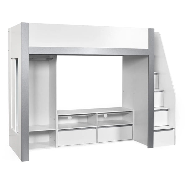 Julian Bowen Gaia High Sleeper Wooden Storage Bed with Wardrobe, Shelving & Storage Ladder – White & Silver, 90 x 190cm Single