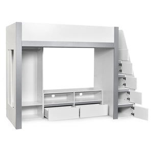 Julian Bowen Gaia High Sleeper Wooden Storage Bed with Wardrobe, Shelving & Storage Ladder – White & Silver, 90 x 190cm Single