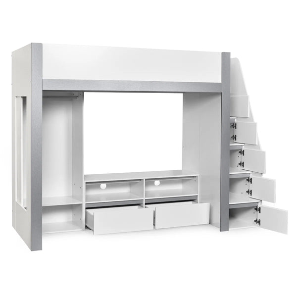 Julian Bowen Gaia High Sleeper Wooden Storage Bed with Wardrobe, Shelving & Storage Ladder – White & Silver, 90 x 190cm Single