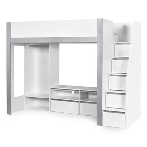 Julian Bowen Gaia High Sleeper Wooden Storage Bed with Wardrobe, Shelving & Storage Ladder – White & Silver, 90 x 190cm Single
