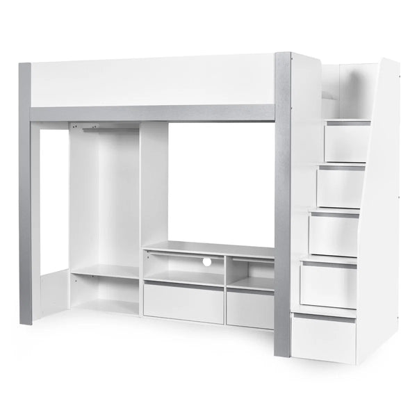 Julian Bowen Gaia High Sleeper Wooden Storage Bed with Wardrobe, Shelving & Storage Ladder – White & Silver, 90 x 190cm Single