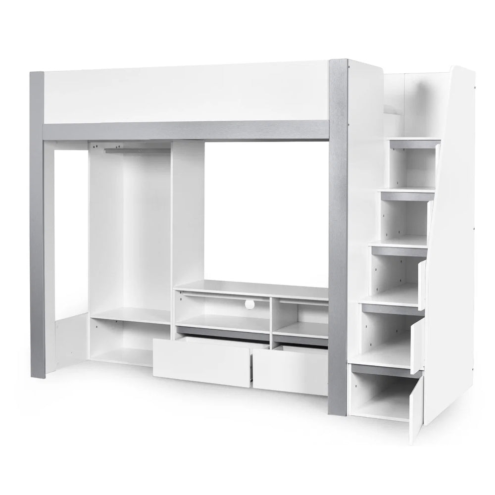 Julian Bowen Gaia High Sleeper Wooden Storage Bed with Wardrobe, Shelving & Storage Ladder – White & Silver, 90 x 190cm Single