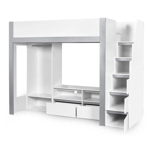 Julian Bowen Gaia High Sleeper Wooden Storage Bed with Wardrobe, Shelving & Storage Ladder – White & Silver, 90 x 190cm Single