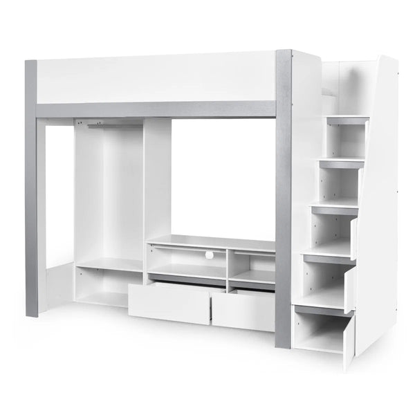Julian Bowen Gaia High Sleeper Wooden Storage Bed with Wardrobe, Shelving & Storage Ladder – White & Silver, 90 x 190cm Single