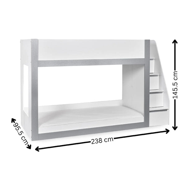 Gaia White & Silver Wooden Single Bunk Bed with Integrated Storage Ladder