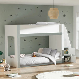 Gaia White & Silver Wooden Single Bunk Bed with Integrated Storage Ladder