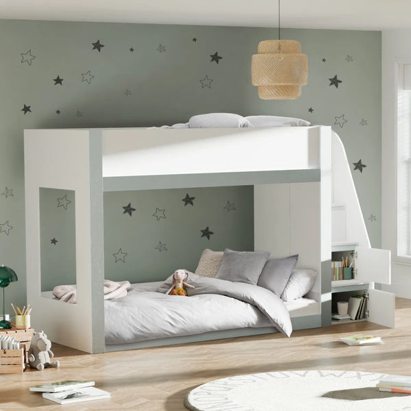 Gaia White & Silver Wooden Single Bunk Bed with Integrated Storage Ladder