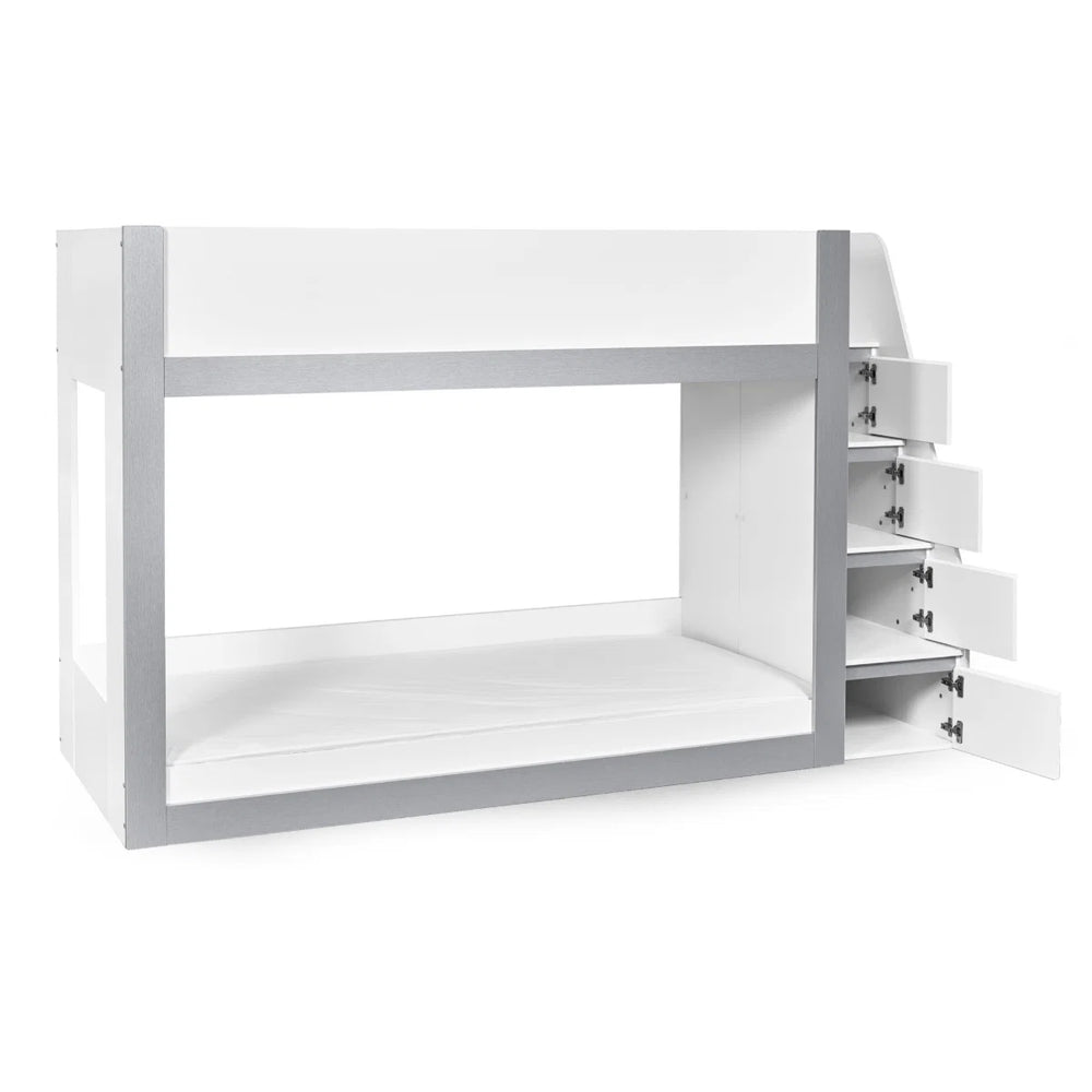 Gaia White & Silver Wooden Single Bunk Bed with Integrated Storage Ladder