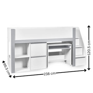 Gaia White & Silver Mid Sleeper Bed with Pull-Out Desk, Storage Drawers, Shelving & Hidden Ladder Cupboard – UK Single (90 x 190cm)