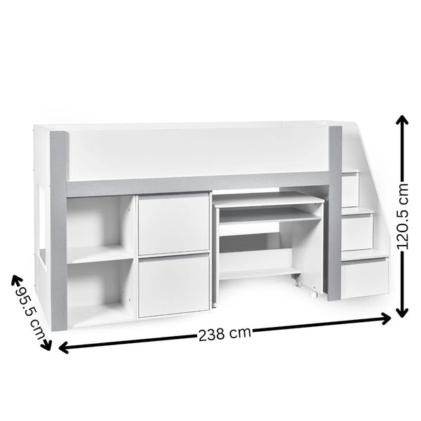 Gaia White & Silver Mid Sleeper Bed with Pull-Out Desk, Storage Drawers, Shelving & Hidden Ladder Cupboard – UK Single (90 x 190cm)