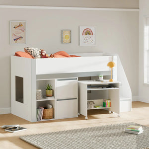 Gaia White & Silver Mid Sleeper Bed with Pull-Out Desk, Storage Drawers, Shelving & Hidden Ladder Cupboard – UK Single (90 x 190cm)