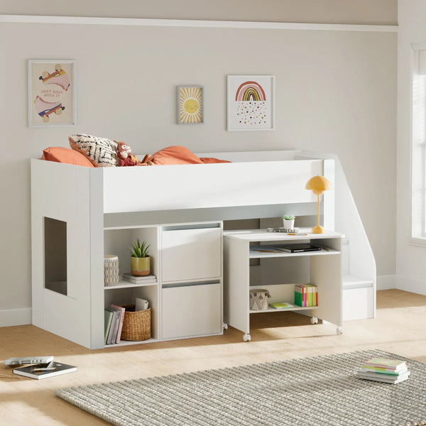 Gaia White & Silver Mid Sleeper Bed with Pull-Out Desk, Storage Drawers, Shelving & Hidden Ladder Cupboard – UK Single (90 x 190cm)