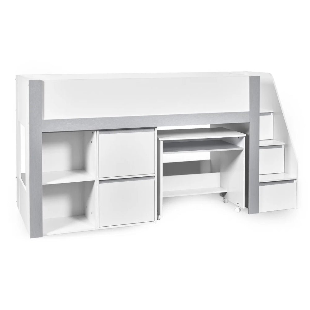 Gaia White & Silver Mid Sleeper Bed with Pull-Out Desk, Storage Drawers, Shelving & Hidden Ladder Cupboard – UK Single (90 x 190cm)