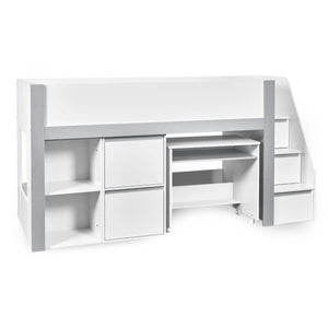 Gaia White & Silver Mid Sleeper Bed with Pull-Out Desk, Storage Drawers, Shelving & Hidden Ladder Cupboard – UK Single (90 x 190cm)