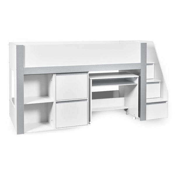 Gaia White & Silver Mid Sleeper Bed with Pull-Out Desk, Storage Drawers, Shelving & Hidden Ladder Cupboard – UK Single (90 x 190cm)