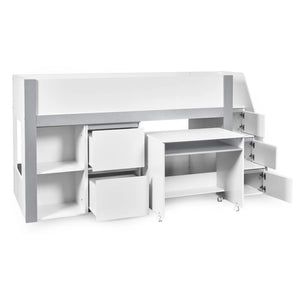 Gaia White & Silver Mid Sleeper Bed with Pull-Out Desk, Storage Drawers, Shelving & Hidden Ladder Cupboard – UK Single (90 x 190cm)
