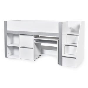 Gaia White & Silver Mid Sleeper Bed with Pull-Out Desk, Storage Drawers, Shelving & Hidden Ladder Cupboard – UK Single (90 x 190cm)
