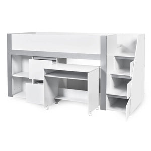 Gaia White & Silver Mid Sleeper Bed with Pull-Out Desk, Storage Drawers, Shelving & Hidden Ladder Cupboard – UK Single (90 x 190cm)