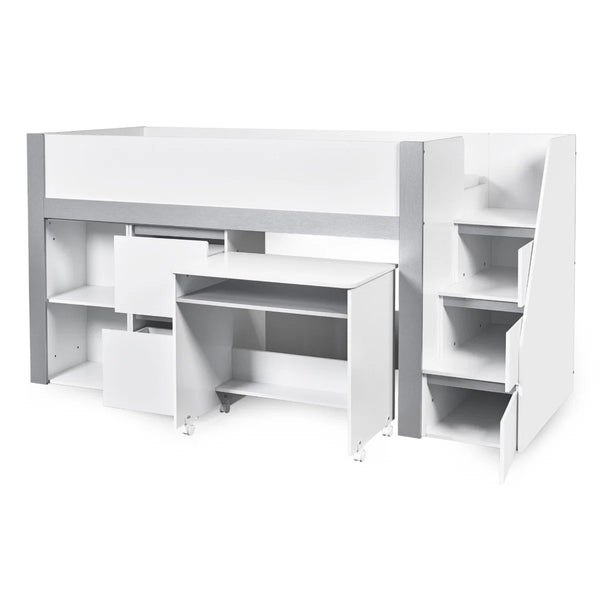 Gaia White & Silver Mid Sleeper Bed with Pull-Out Desk, Storage Drawers, Shelving & Hidden Ladder Cupboard – UK Single (90 x 190cm)