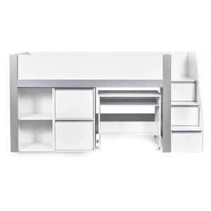 Gaia White & Silver Mid Sleeper Bed with Pull-Out Desk, Storage Drawers, Shelving & Hidden Ladder Cupboard – UK Single (90 x 190cm)