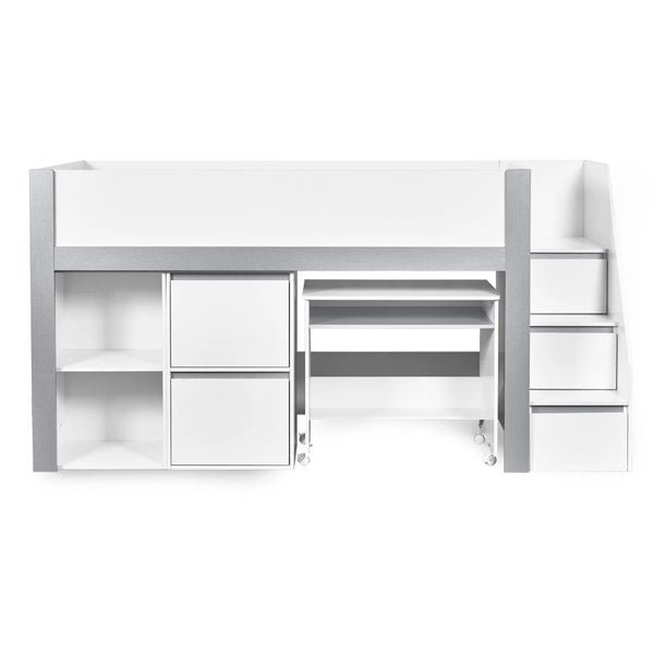 Gaia White & Silver Mid Sleeper Bed with Pull-Out Desk, Storage Drawers, Shelving & Hidden Ladder Cupboard – UK Single (90 x 190cm)