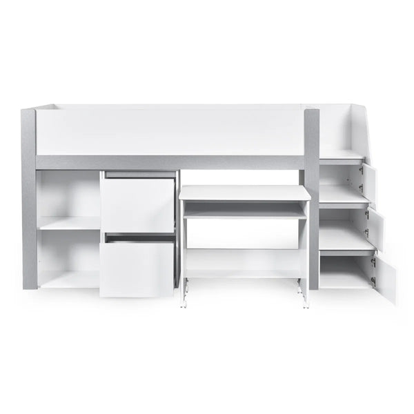 Gaia White & Silver Mid Sleeper Bed with Pull-Out Desk, Storage Drawers, Shelving & Hidden Ladder Cupboard – UK Single (90 x 190cm)