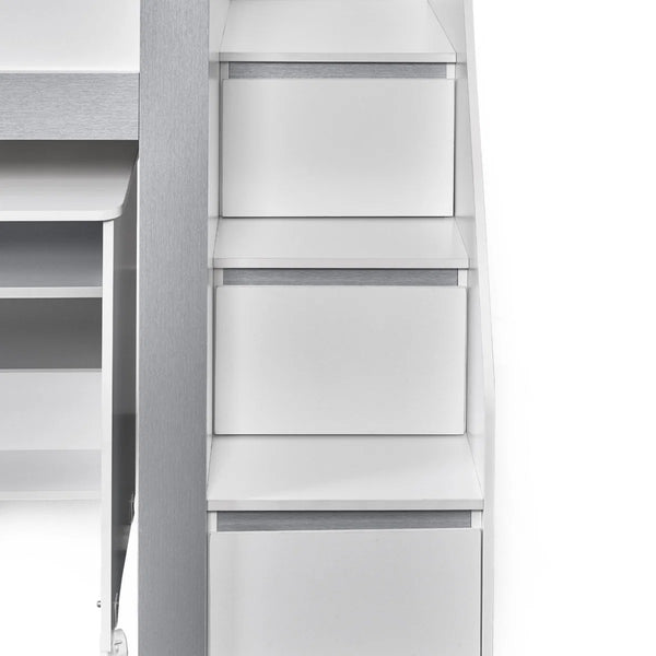 Gaia White & Silver Mid Sleeper Bed with Pull-Out Desk, Storage Drawers, Shelving & Hidden Ladder Cupboard – UK Single (90 x 190cm)