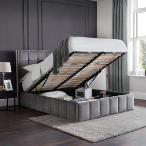 Julian Bowen Gatsby Storage Ottoman Bed in Grey Velvet with Winged Headboard – Double