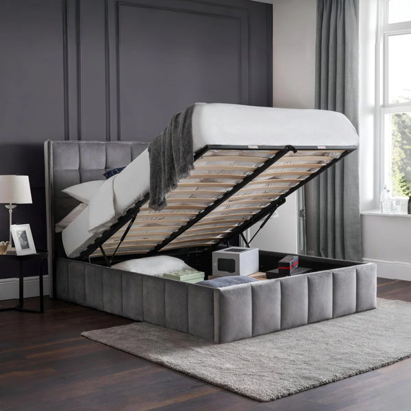Julian Bowen Gatsby Storage Ottoman Bed in Grey Velvet with Winged Headboard – Double