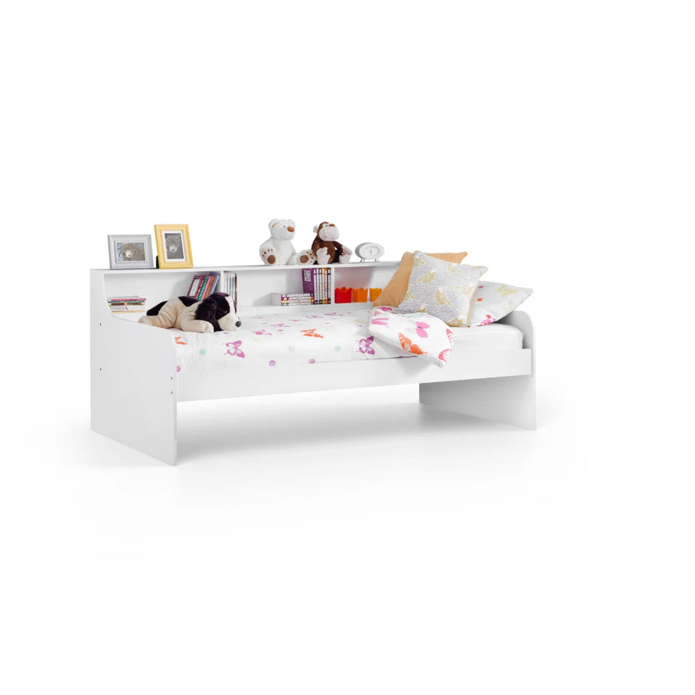 Grace Pure White Wooden Daybed with Built-In Shelving – Modern Single Guest Bed Frame