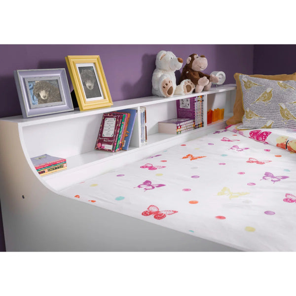 Grace Pure White Wooden Daybed with Built-In Shelving – Modern Single Guest Bed Frame