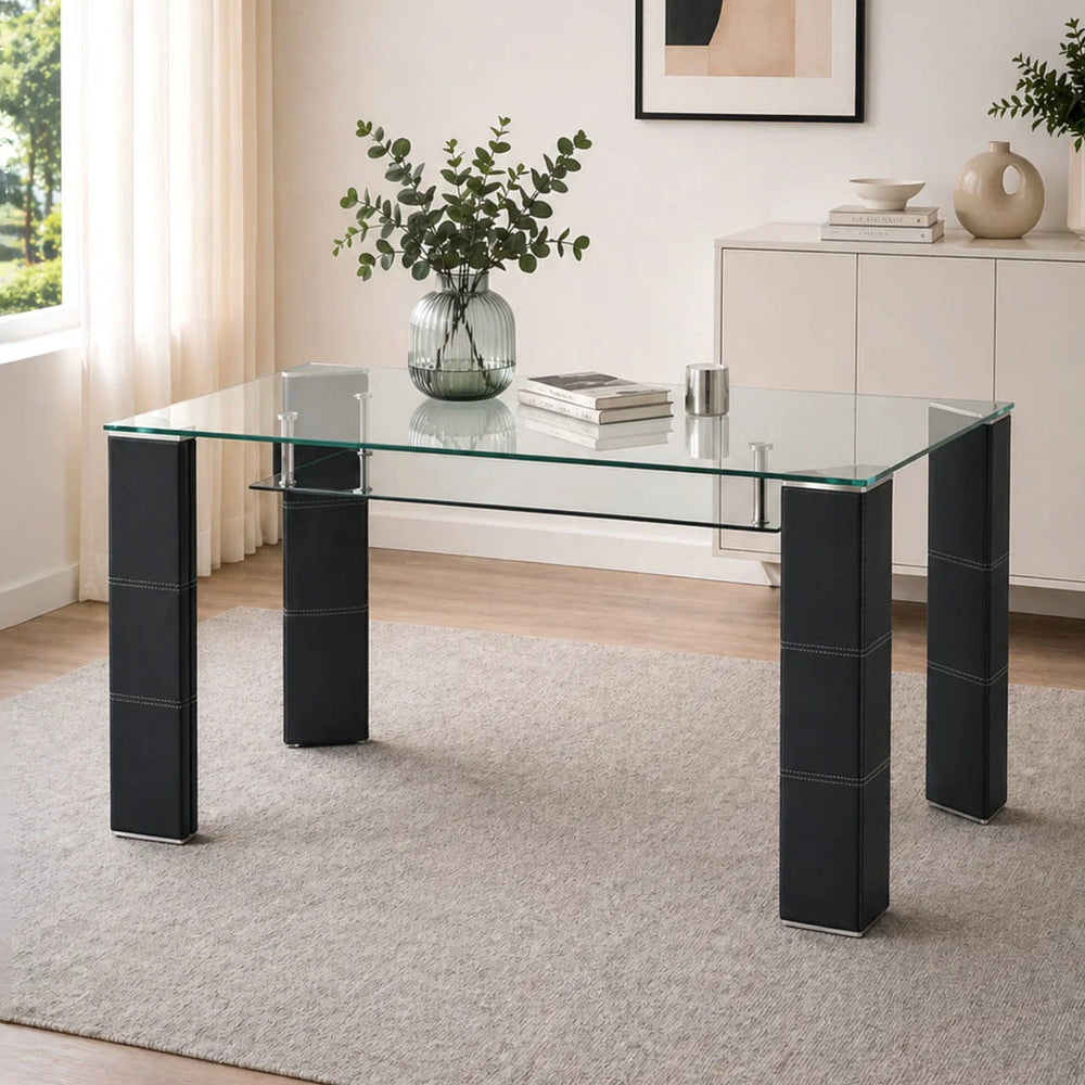 Greenwich Clear Tempered Glass Dining Table with Black Faux Leather Legs & Glass Shelf – Seats 6