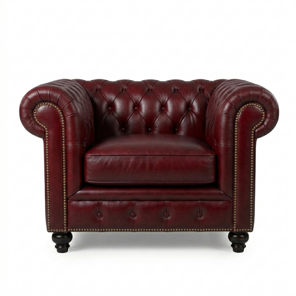 The Chesterfield Armchair – Classic Real Leather Style Sofa Chair with Wooden Frame, Modern Contemporary Accent Seating for Living Room, Office & Lounge