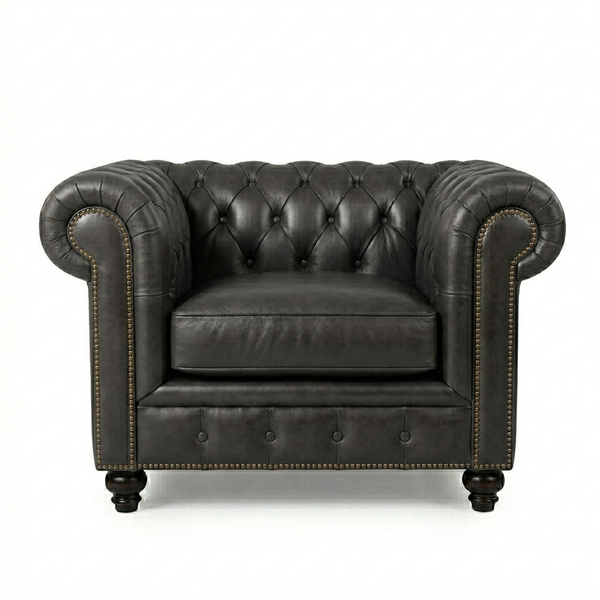 The Chesterfield Armchair – Classic Real Leather Style Sofa Chair with Wooden Frame, Modern Contemporary Accent Seating for Living Room, Office & Lounge