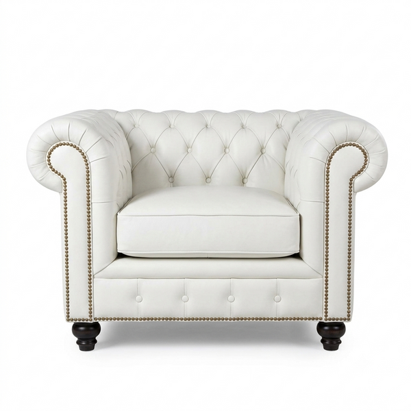 The Chesterfield Armchair – Classic Real Leather Style Sofa Chair with Wooden Frame, Modern Contemporary Accent Seating for Living Room, Office & Lounge