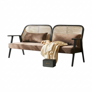 Morris Casual Rattan Two Seater Sofa – Contemporary Wooden Frame Lounge Sofa with Flannelette Cushion Upholstery, Modern Indoor Seating for Living Room, Balcony & Lounge Spaces