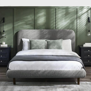 Hannah Grey Bouclé Double Bed Frame – Curved Upholstered 135cm Bed with Contemporary Design