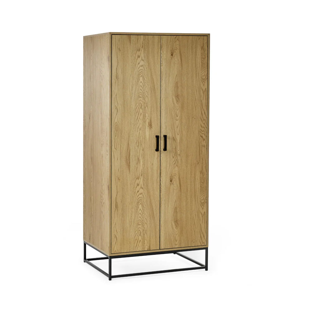 Julian Bowen Harlow 2 Door Wardrobe in Light Oak Effect with Hanging Rail, Storage Shelf & Black Recessed Handles