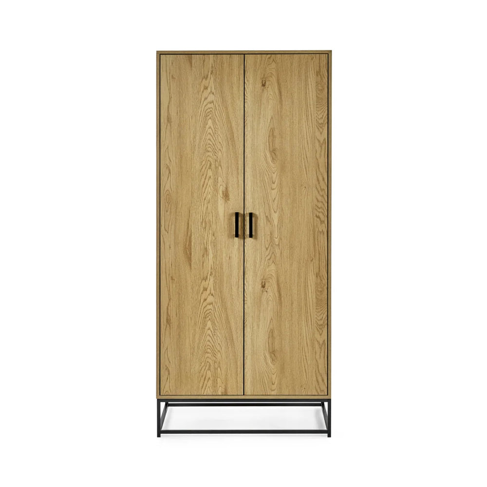 Julian Bowen Harlow 2 Door Wardrobe in Light Oak Effect with Hanging Rail, Storage Shelf & Black Recessed Handles