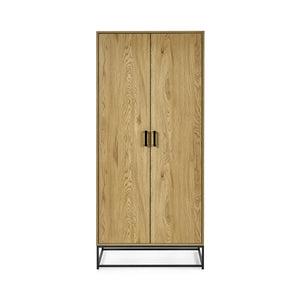 Julian Bowen Harlow 2 Door Wardrobe in Light Oak Effect with Hanging Rail, Storage Shelf & Black Recessed Handles
